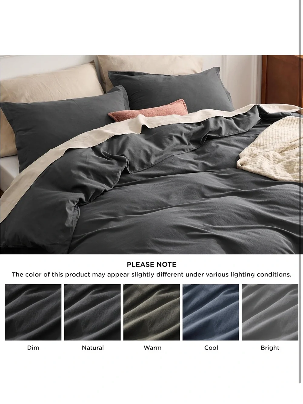NEW Bedsure 100% Washed Cotton Duvet Cover Set. Linen Like. Charcoal. King